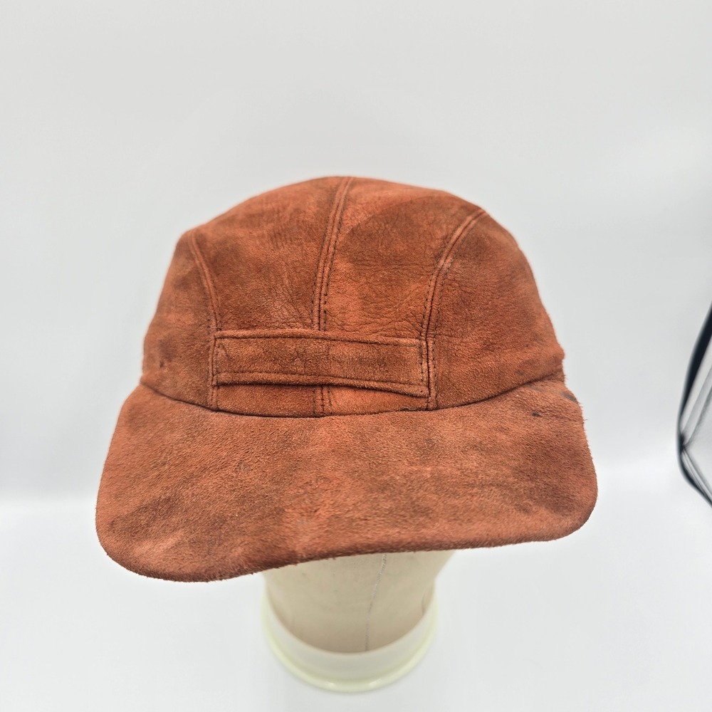 Vintage Rust Brown Suede Leather 5 Panel Camp Hat with Ear Flaps Earthy Patina